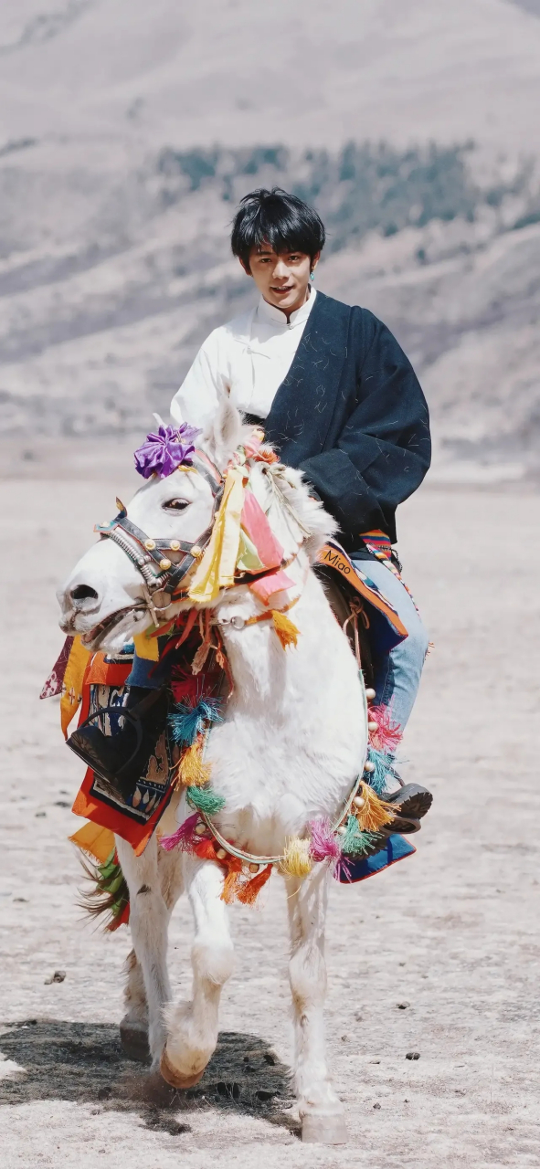 丁真骑着一匹纯白色的幼马,马头上戴着一朵紫色的花,脖子上挂着七彩