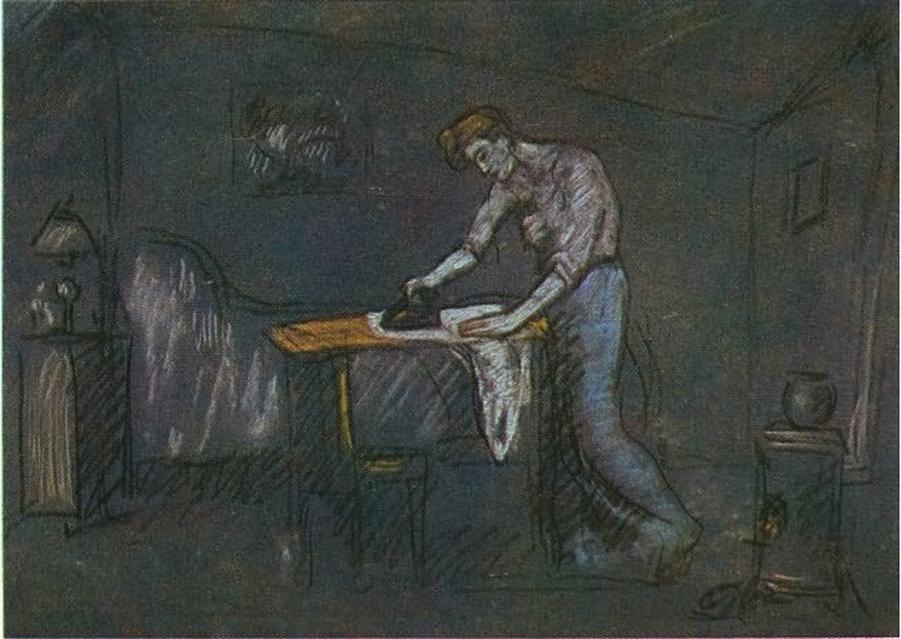毕加索作品赏析《熨衣人的房间》 此画又名《熨烫衣服的女人》,画面
