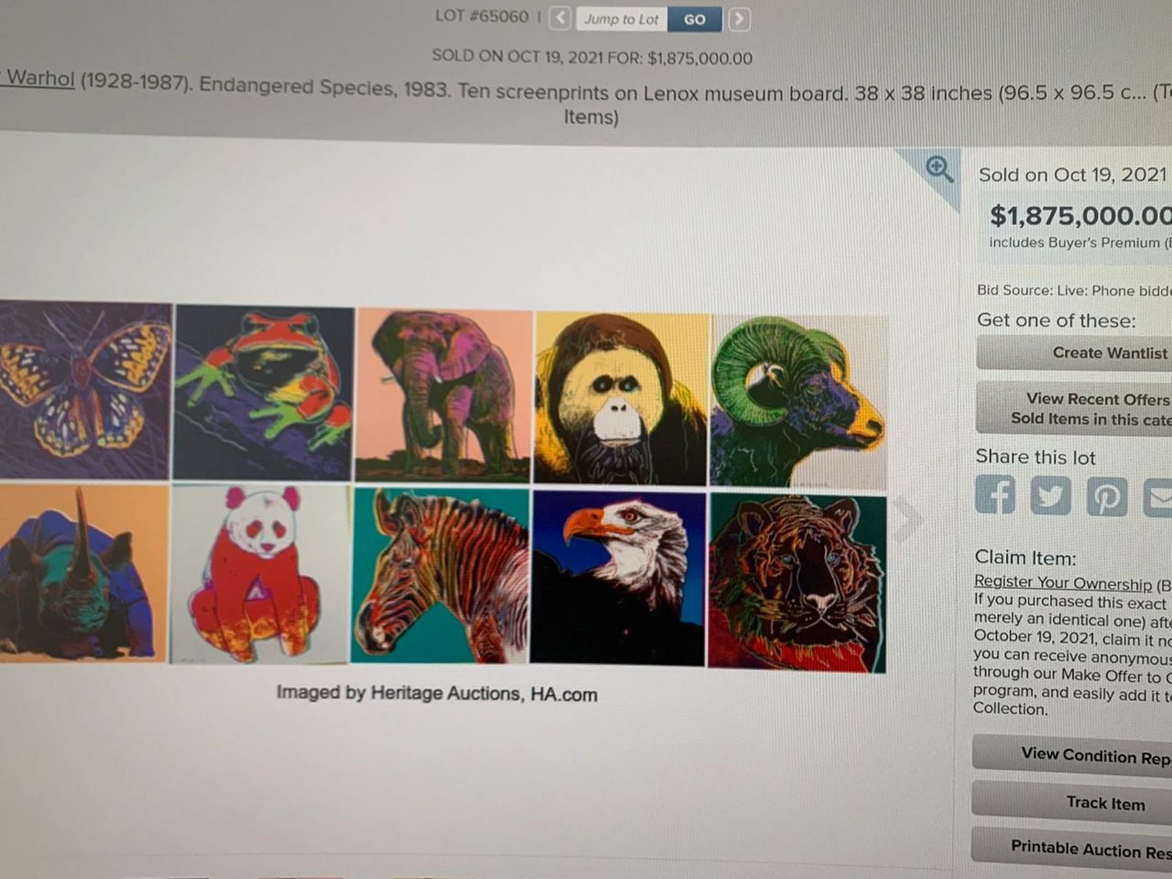 安迪沃霍尔 濒危动物=拍场硬通货 安迪沃霍尔的丝网版画,主题是濒危