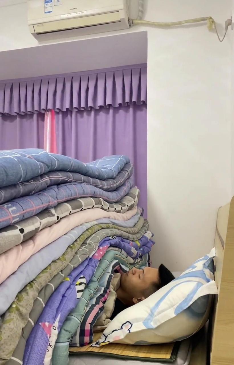 冬天这样盖被子就不怕冷了[滑稽]