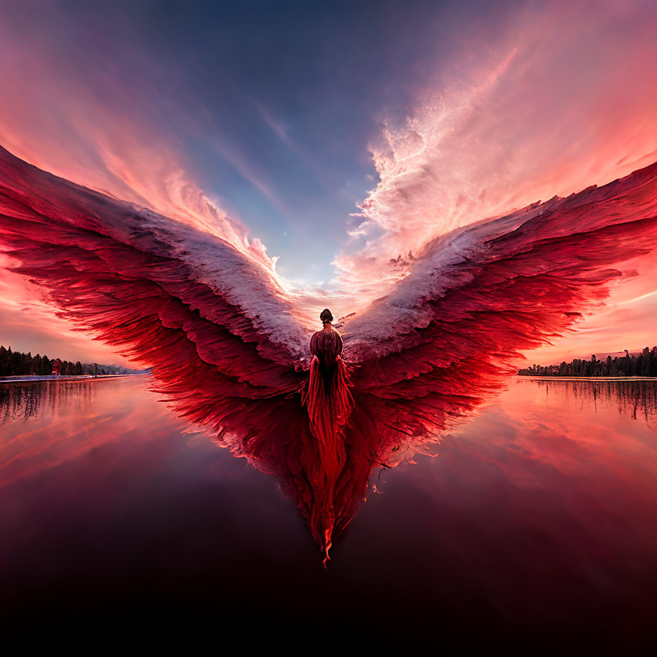 红色的天空像天使的翅膀,湖泊,真正的超广角全景,超逼真,高像素,裂缝