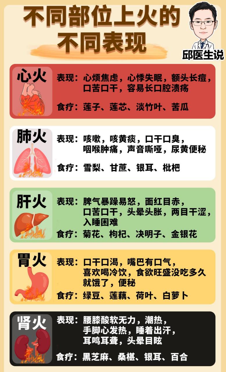 ①心火  ②肺火  ③肝火  ④胃火  ⑤肾火 对应的火有哪些可以用到的