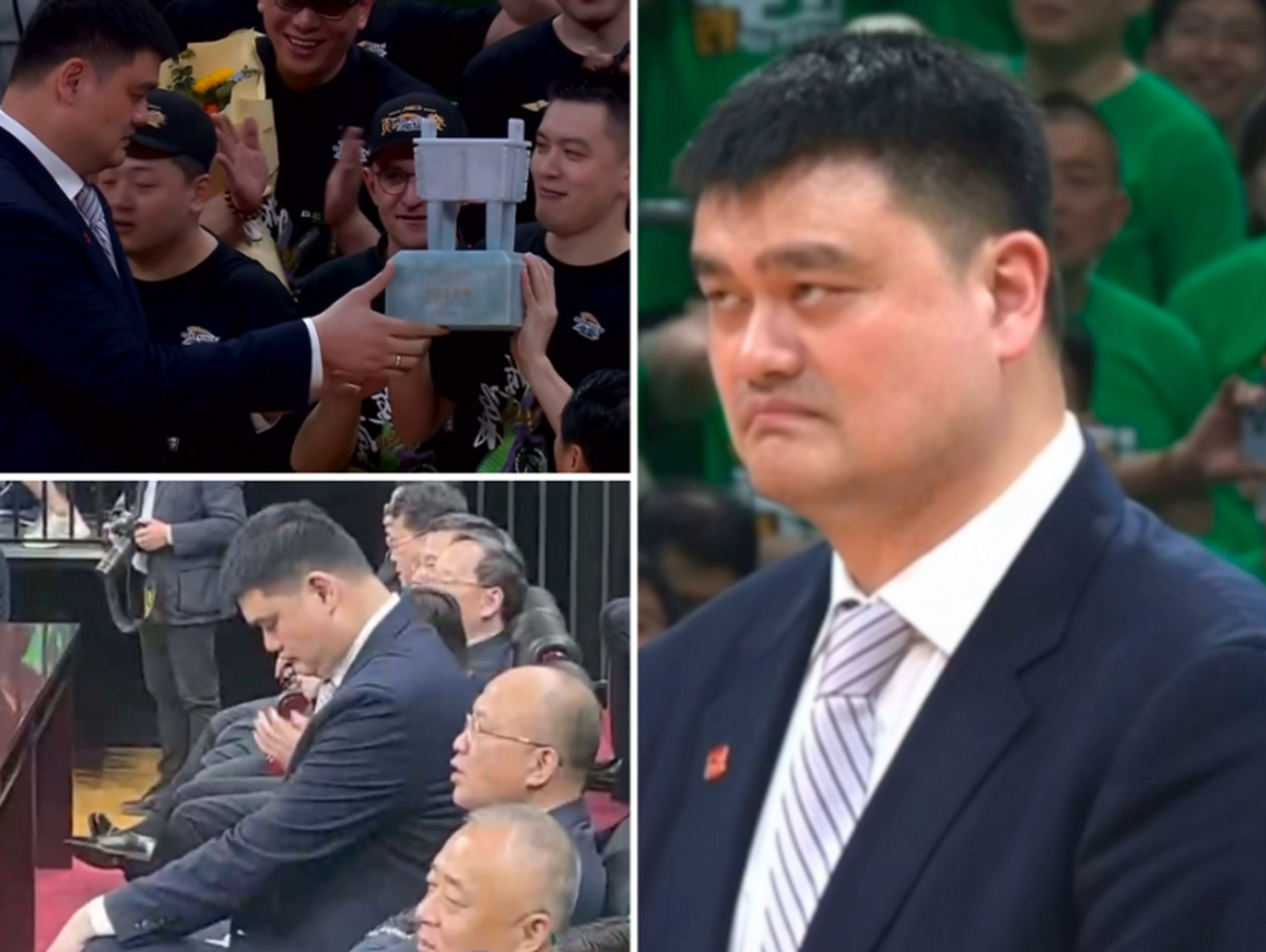姚明的表情也是写在了脸上,和当年广东夺冠颁奖时有天壤之别,有球迷将