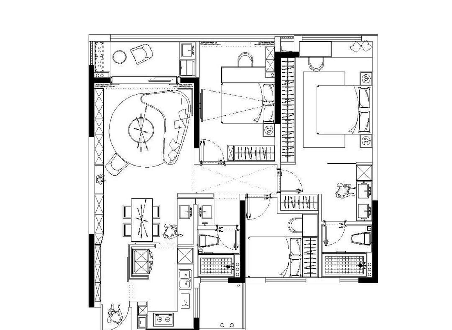 室内设计平面方案优化 原始平面图分析 ①独立式玄关,但是空间短窄 ②