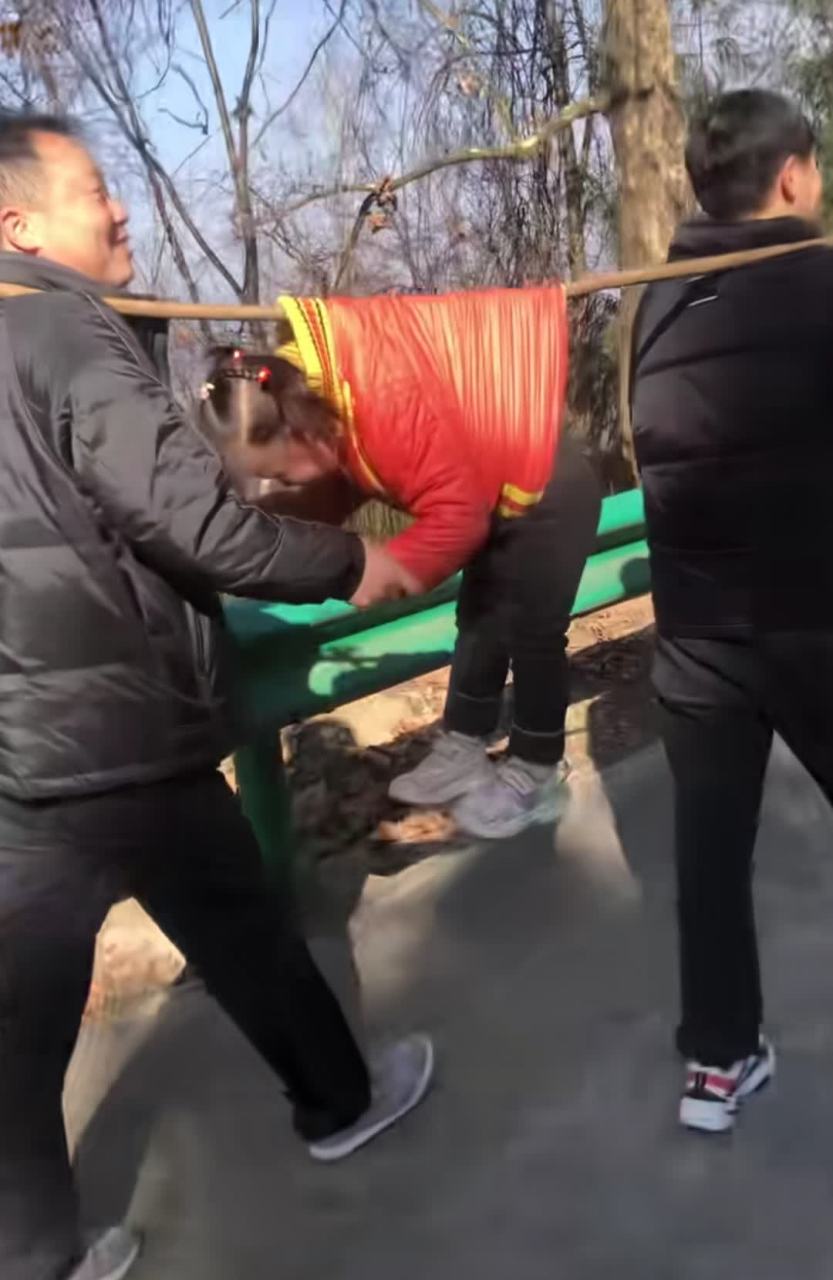 侄女爬山累了不肯走路,爸爸和舅舅就用木棍扛着下山.