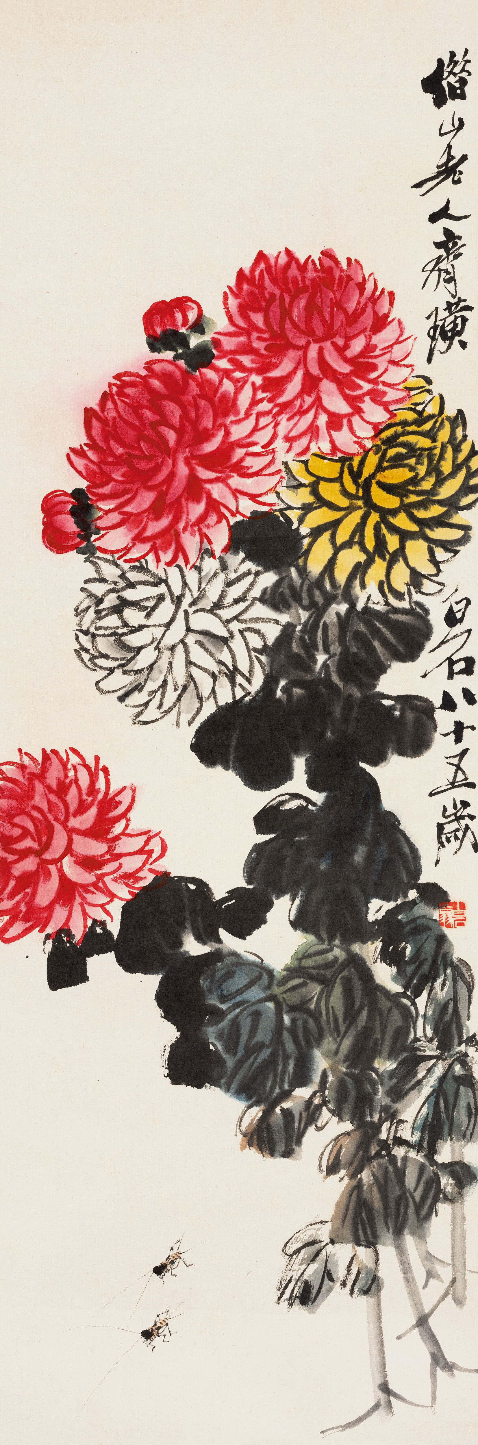 秋高气爽的时节,菊花灿然绽放,意喻年高而体健,齐白石可以说是菊花的