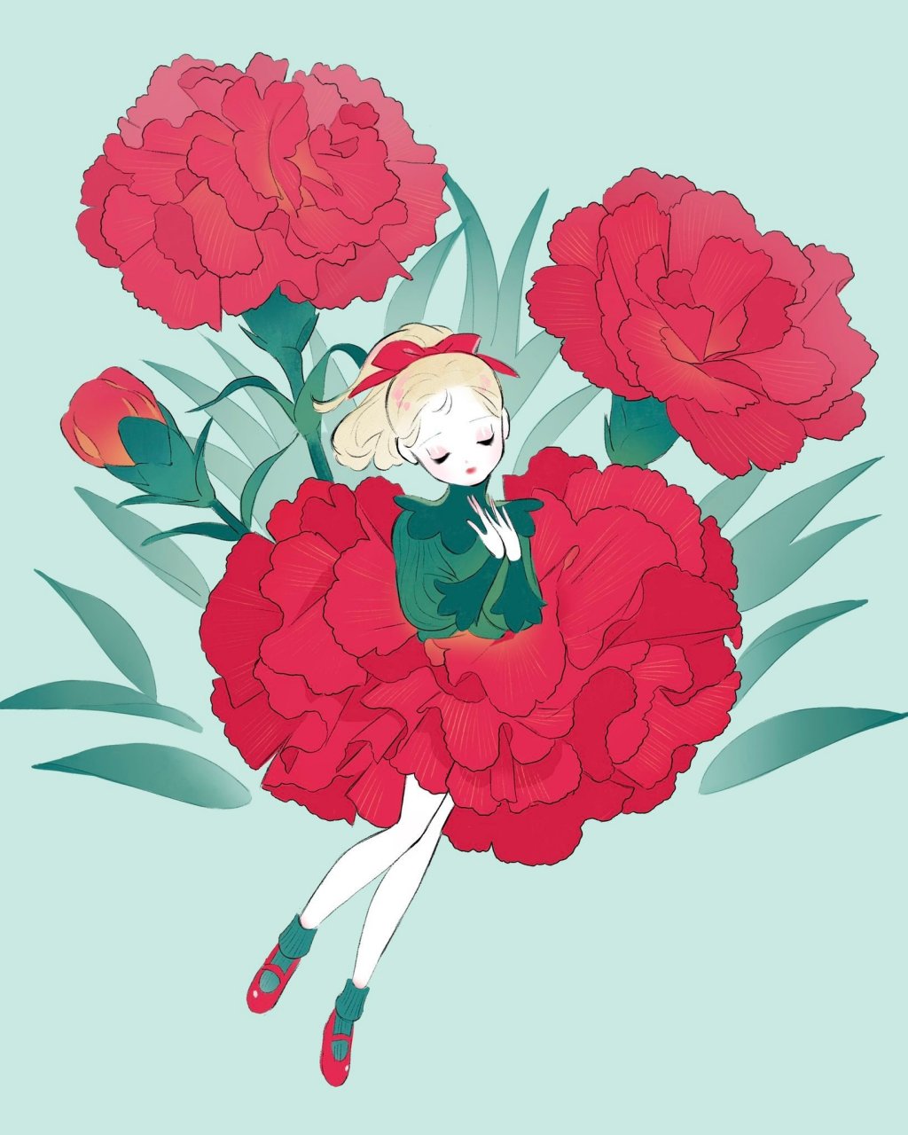 少女与鲜花的碰撞,不同的花朵拟人化,画面得以注入灵魂,五彩缤纷各具