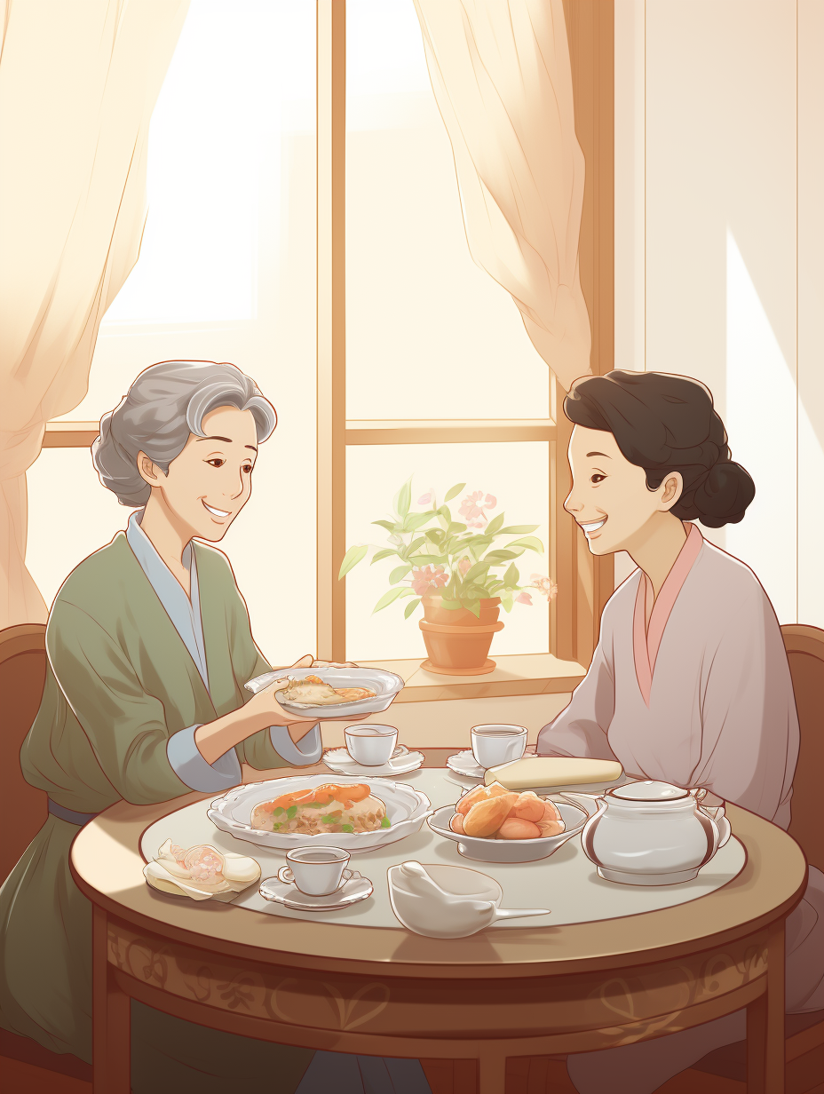 闲聊天的图片卡通左右为难,一边是婆婆一边是妈妈都需要照顾的图片