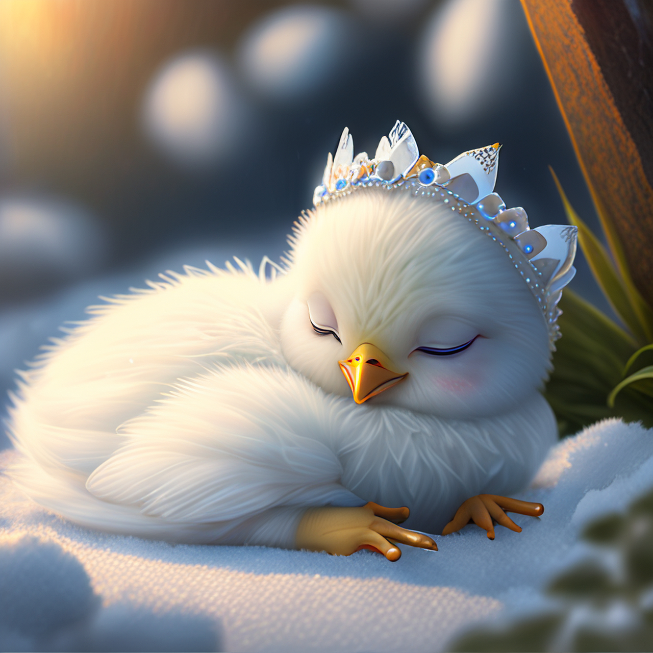 百度ai绘图黑科技#可爱的白色小鸡宝宝打扮成雪女王,有九条尾巴