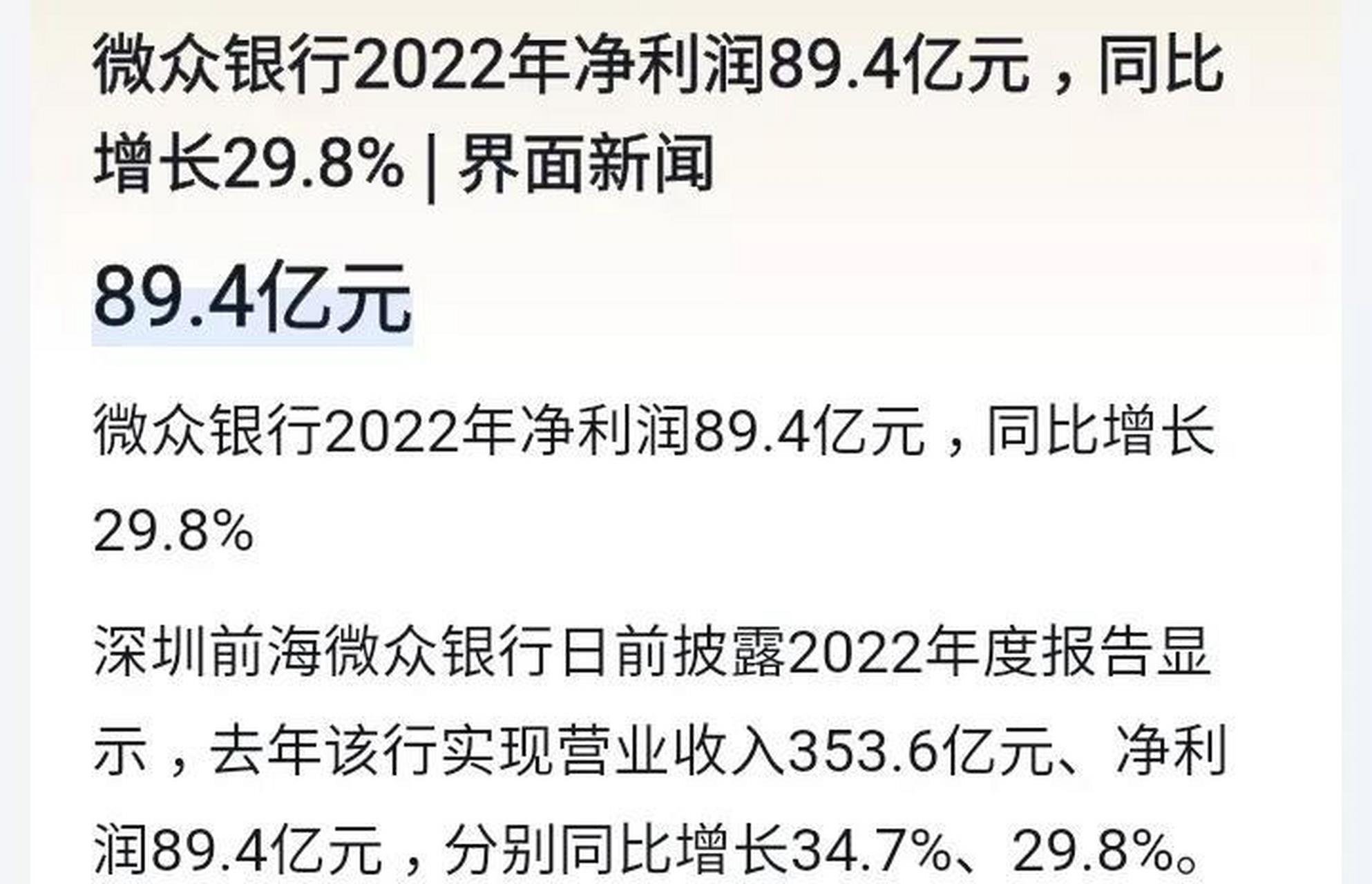 微众银行的利润可以击败一大批城商行,2022年净利润89
