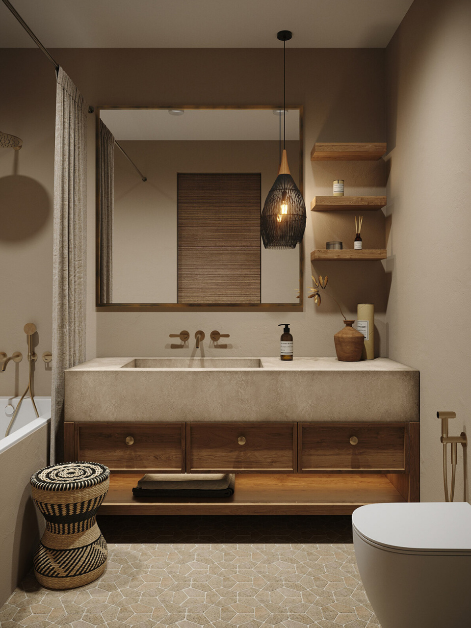 侘寂卫生间 ,微水泥与原木的完美结合 #品质生活家# #侘寂风装修