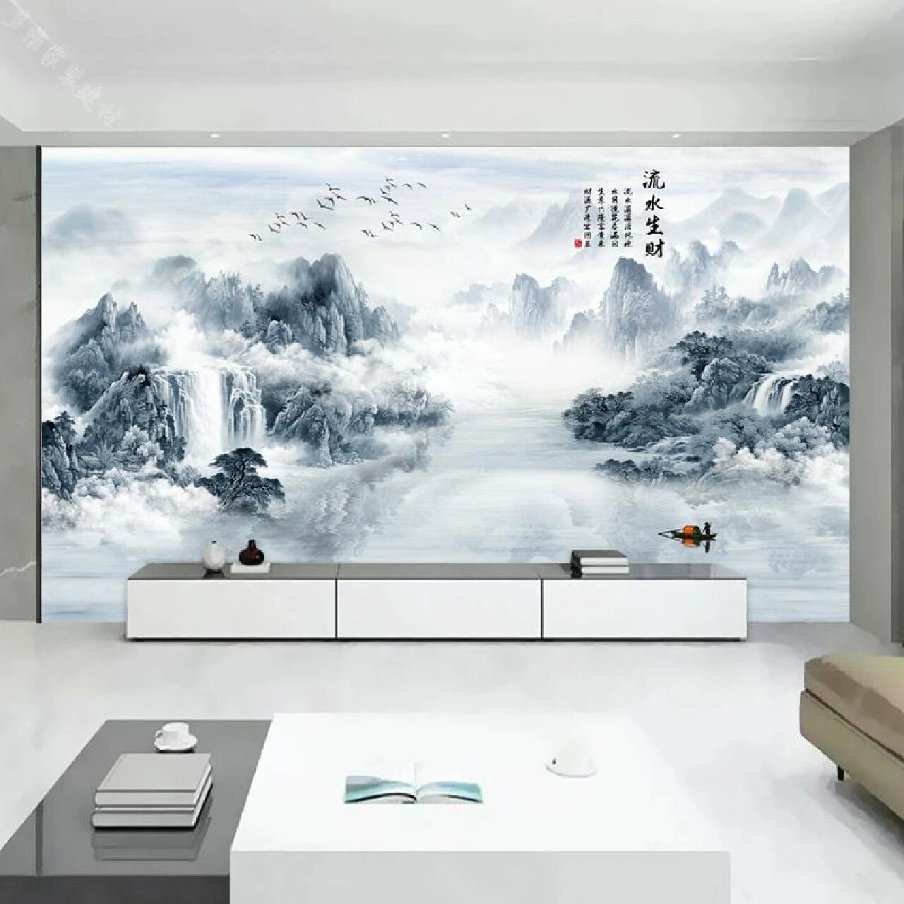 流水生财电视背景墙山水壁画立体影视墙贴画"流水生财电视背景墙