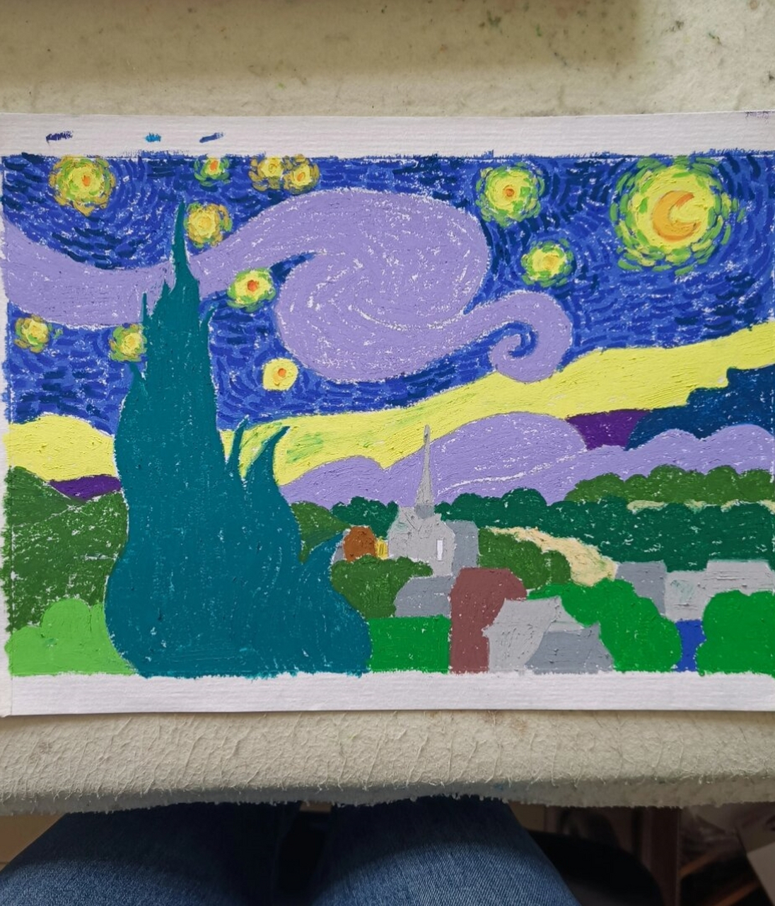 临摹(附详细步骤)  学校重彩油画棒社团即将结束,让我们以《星月夜》