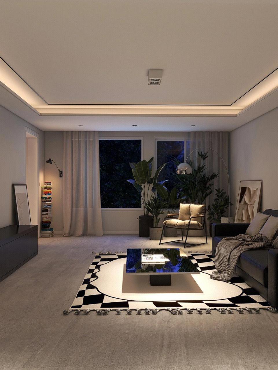 现代极简风客厅的灯光设计分享 客厅天花做了简单的回字形吊顶 优点