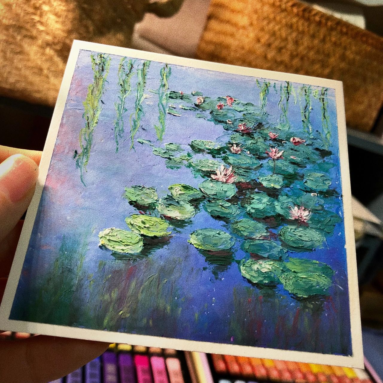 油画棒|【睡莲】内含步骤 色块平涂可以稍微厚一些,一层层叠加混色