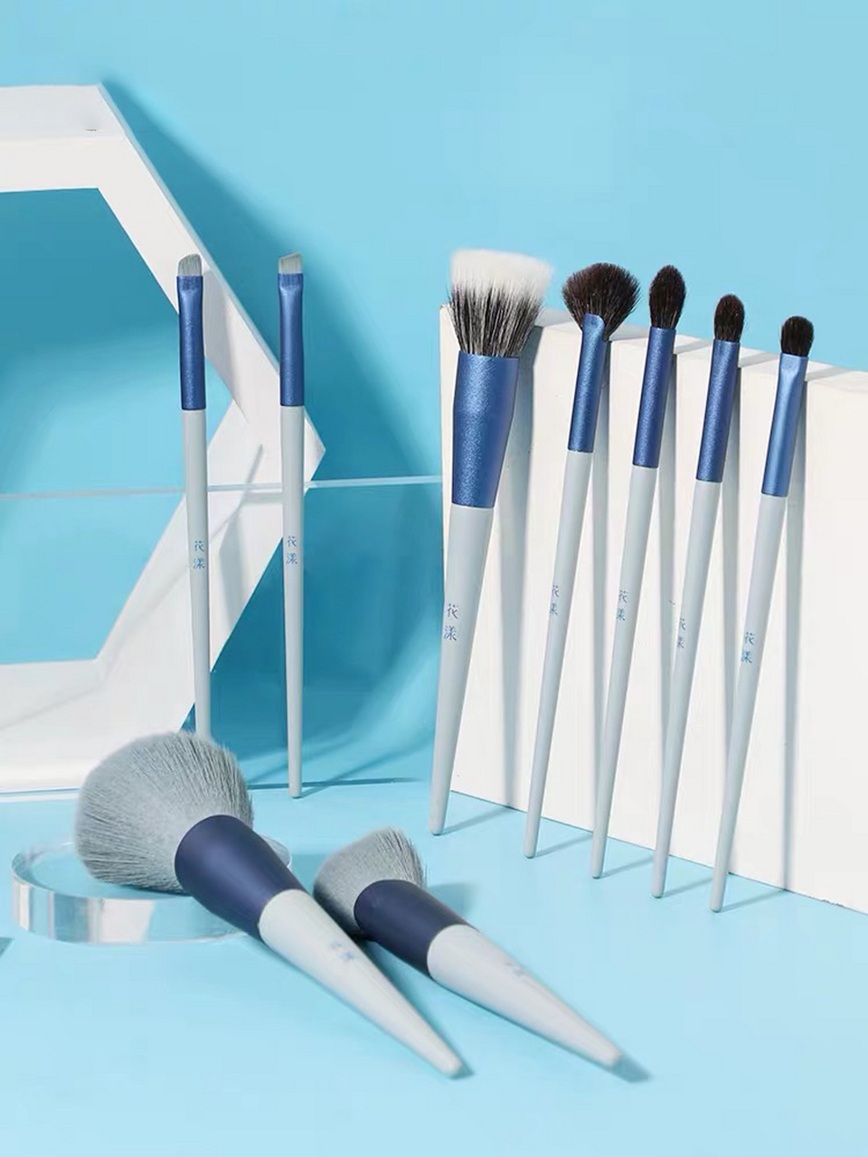 花漾新品化妆刷,超美夕雾蓝色,5支细光锋羊毛 4支植物纤维,化妆触感