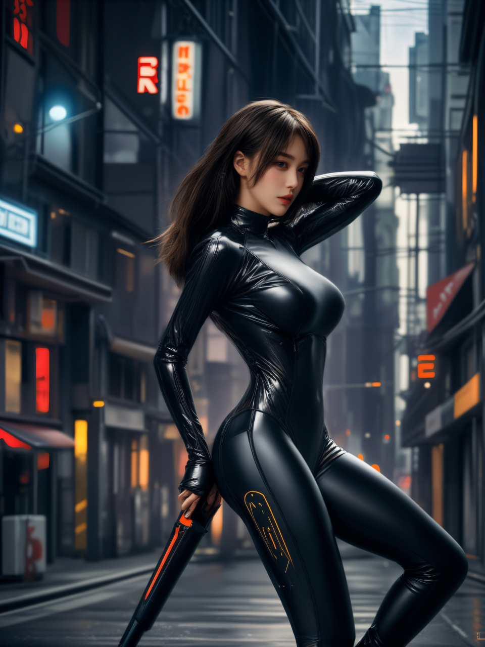 ai美女图片#每日ai美女秀	赛博朋克小姐姐身穿一套黑色皮衣,贴合身形