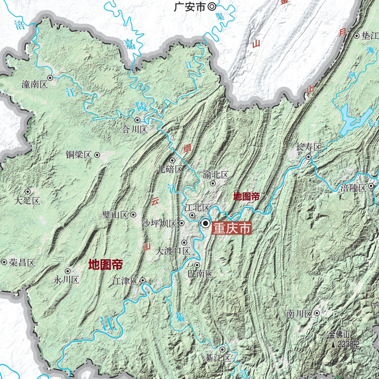 重庆市位于四川盆地东部,总体地势南北高,中间低,东北有大巴山脉及