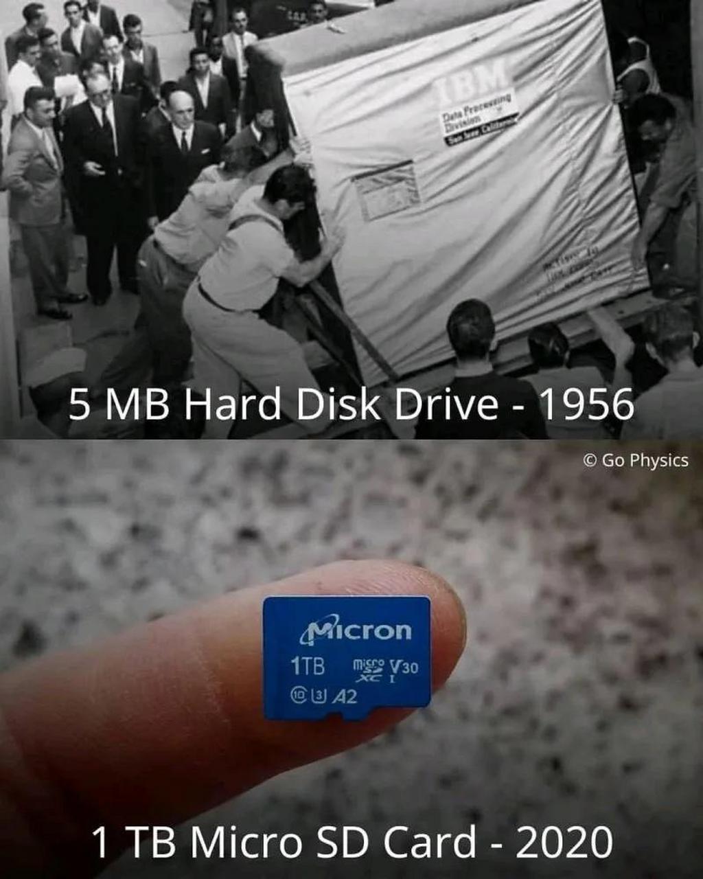 看看这张对比图:图片中上面是1956年一块5mb容量大小的存储硬盘,非常