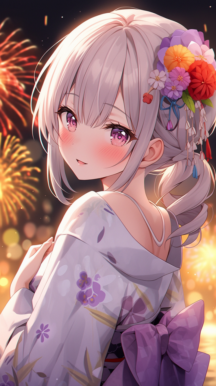 夏日祭典, 少女, 和服, 烟花 #mj# #ai绘画# #壁纸# #动漫壁纸# #手机
