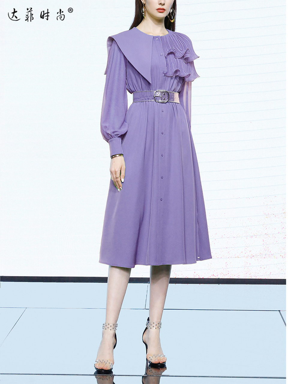 秋季女装2022新款 气质紫色 灯笼袖收腰显瘦 中长款雪纺 连衣裙裙子女