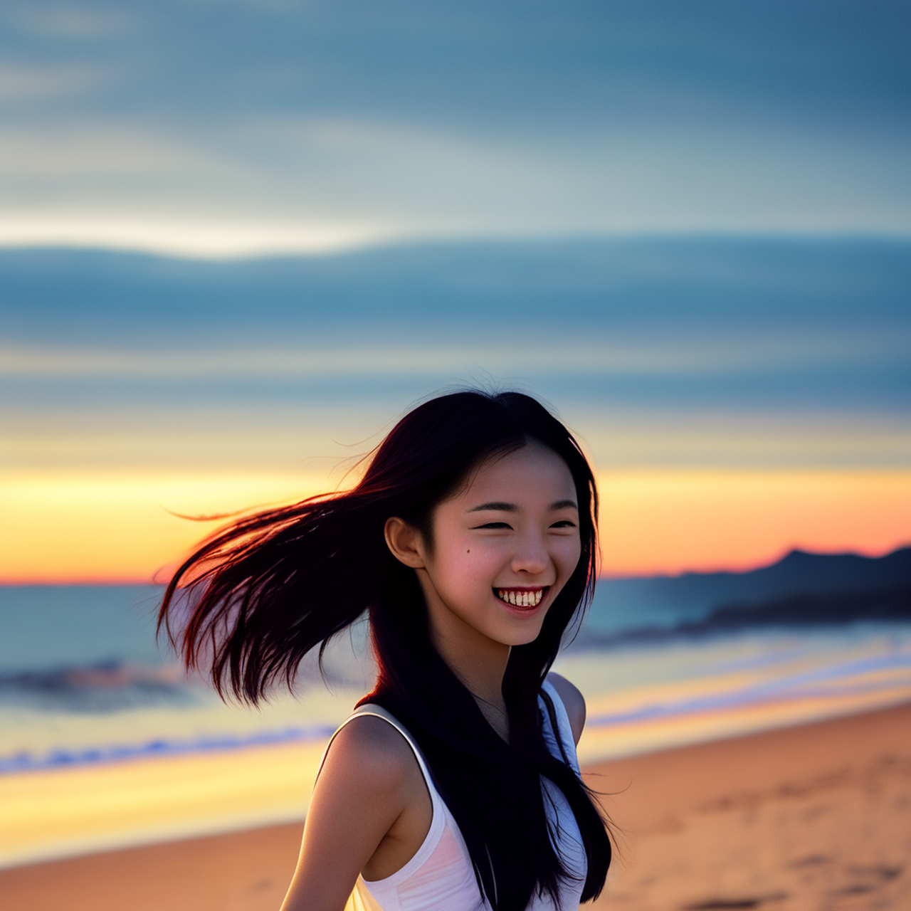 夕阳的沙滩上,不远处少女奔跑着向我招手,面带甜蜜的微笑