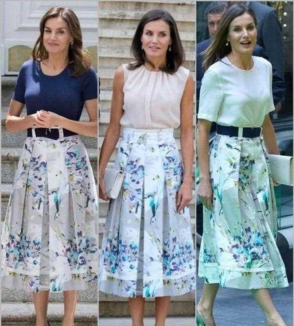 西班牙王后莱蒂齐亚的花裙子造型,刺绣元素和花卉在裙身上摇曳,无论是