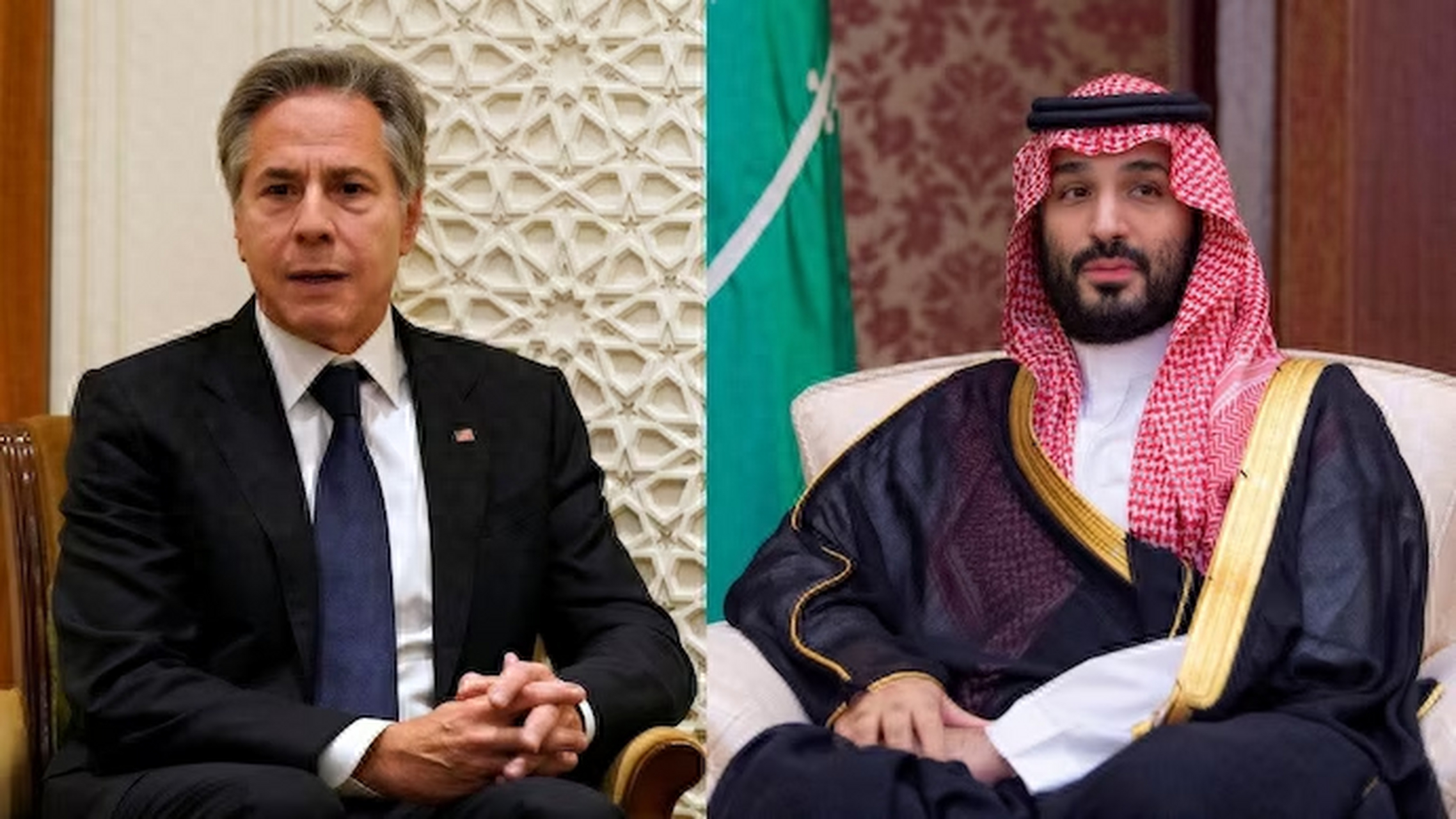 15日,美国国务卿布林肯和沙特阿拉伯王储兼首相穆罕默德·本·萨勒曼