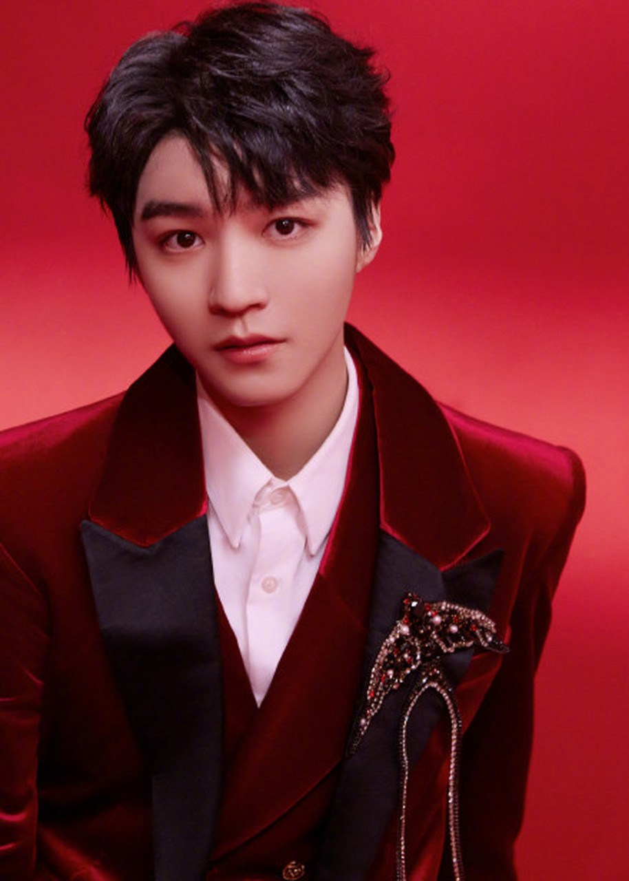 王俊凯春晚造型 tfboys-王俊凯 身穿红色丝绒西服套装搭配燕子钻石