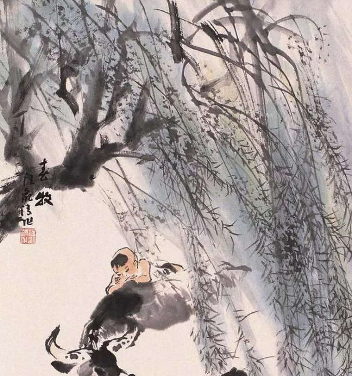 极富情趣和个性,尤以画牛出名的汪观清笔下的牧牛图[绿丝带]