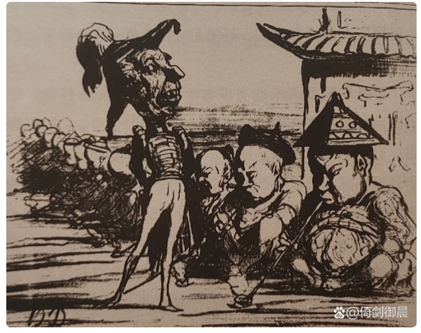 《骄横的鸦片贩子与浑噩的吸食者》 从画面看,吸食鸦片者有官绅,也有