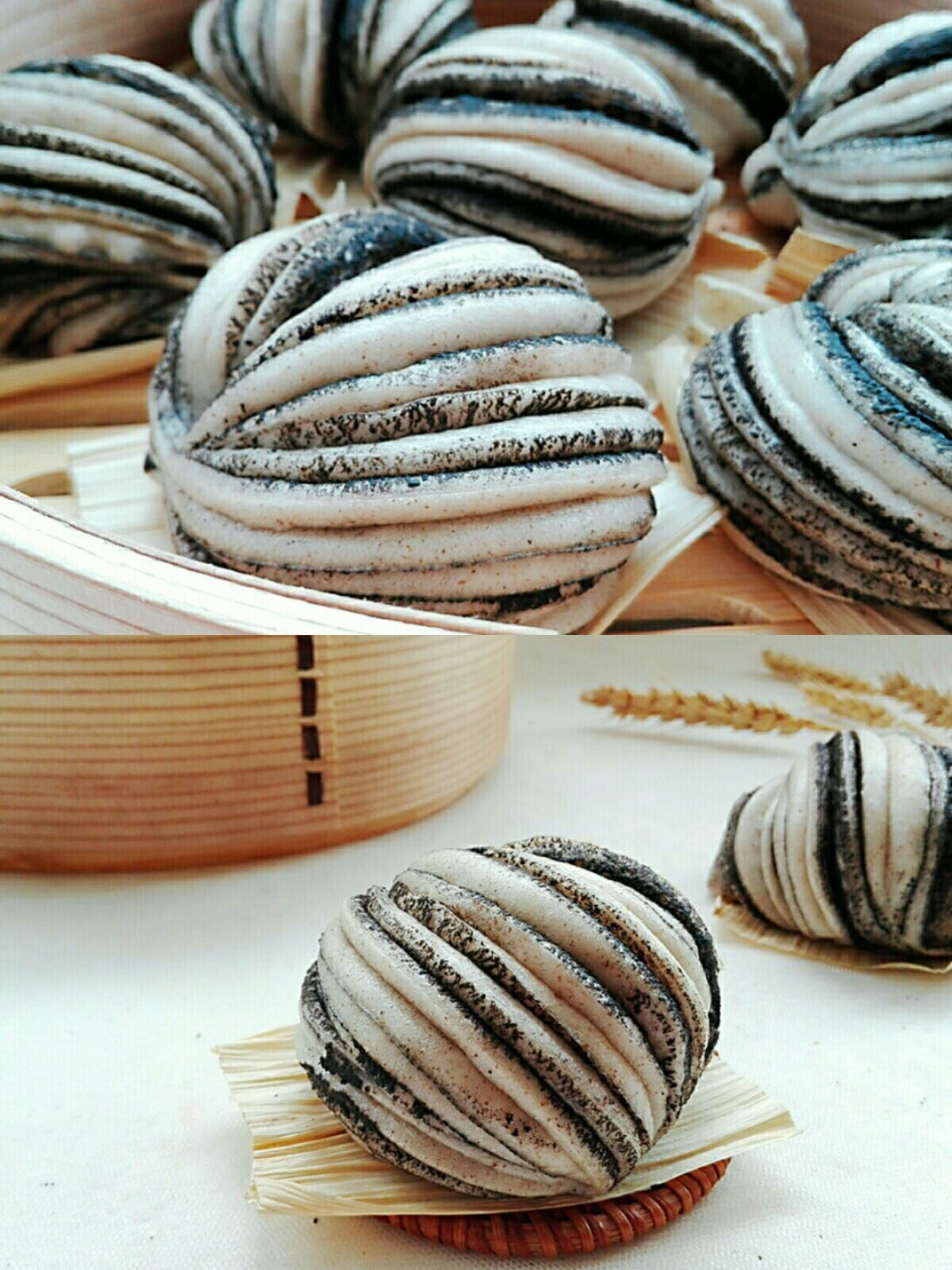 【黑芝麻酱花卷】 食材用料:褐麦粉300克,水155克,酵母3克,黑麻酱适量