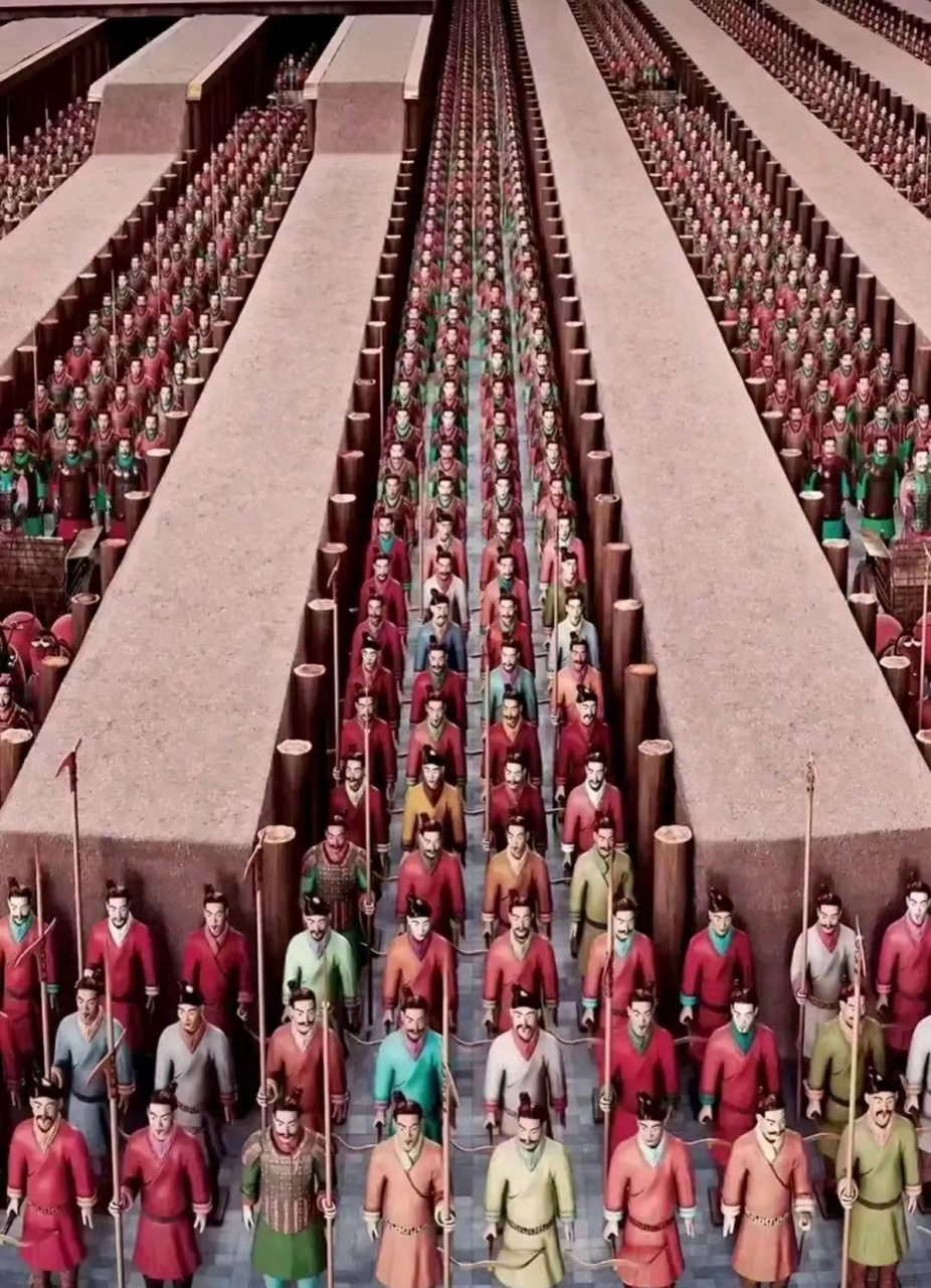 这张彩色照片是在1974年拍下的,秦兵马俑被挖掘出土时的样貌,为我们