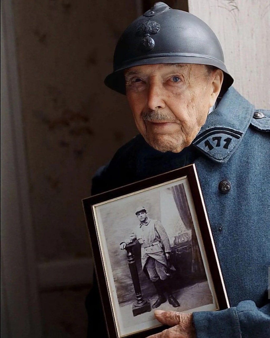 104岁的法国一战老兵费迪南·吉尔森(ferdinand gilson),身着他的旧