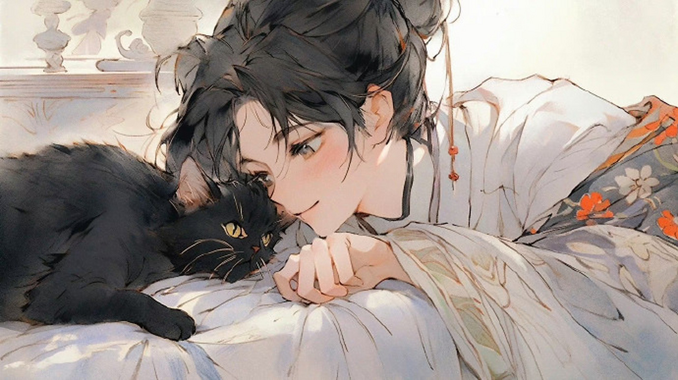 小猫咪古风插画横版壁纸,画风超级可爱! #古风小分队