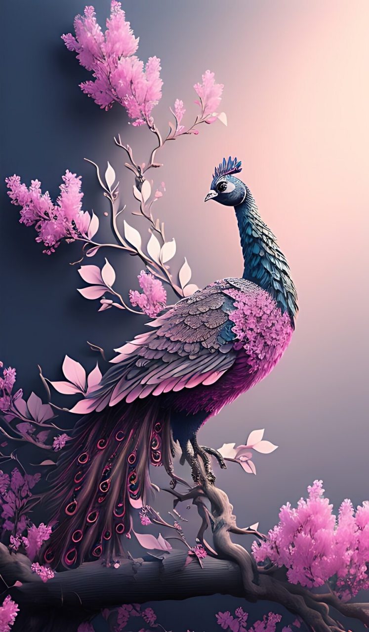 树枝上,孔雀画翩翩, 粉色与海蓝宝石争艳.