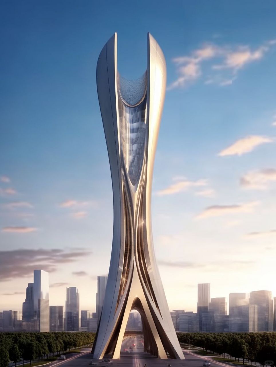 楼体以轻盈的银色和古铜相互映衬,建筑呈现了未来主义的风格,雄伟的