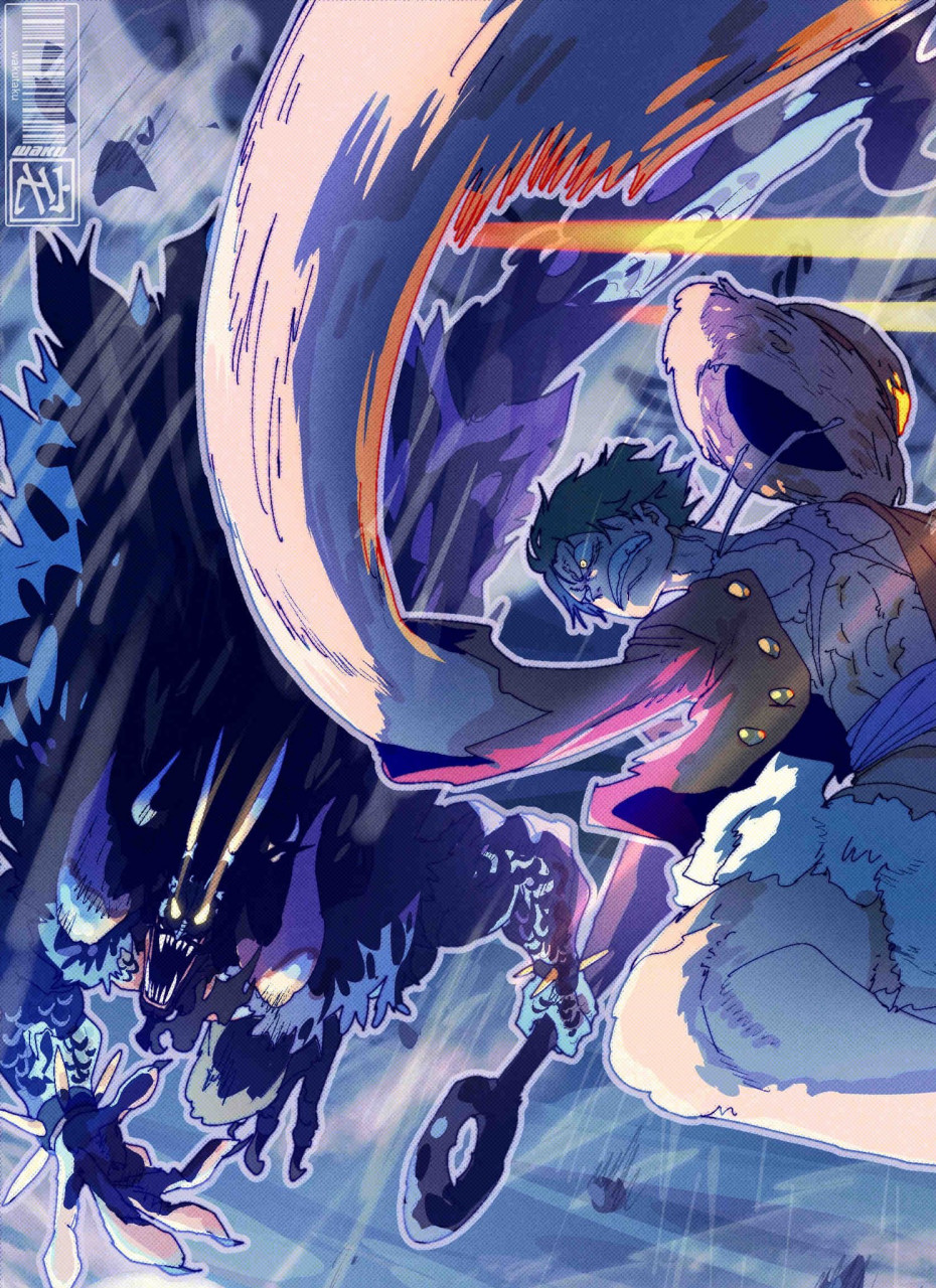 推特画师waker画作:路飞vs凯多,索隆vs烬,山治vs奎因.