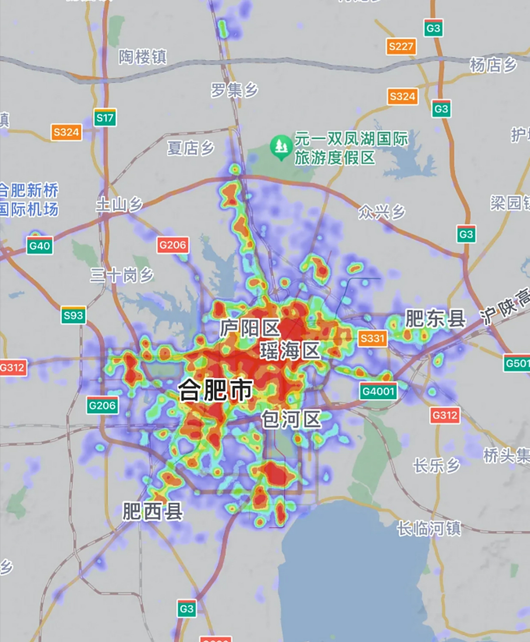 同时段同比例合肥,济南,西安三座城市的热力图.