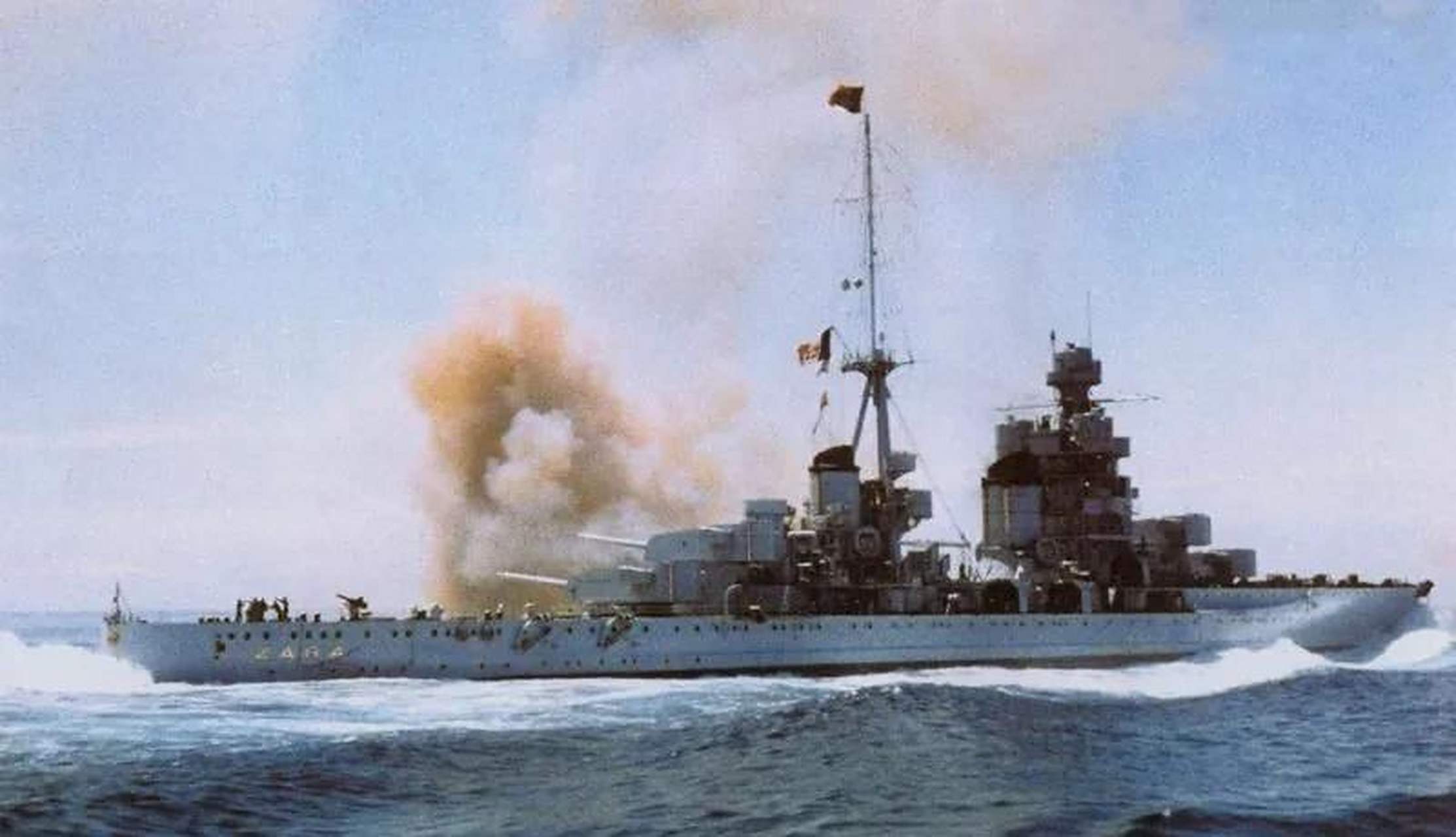 领动计划# 射击中的意大利海军扎拉号重型巡洋舰.