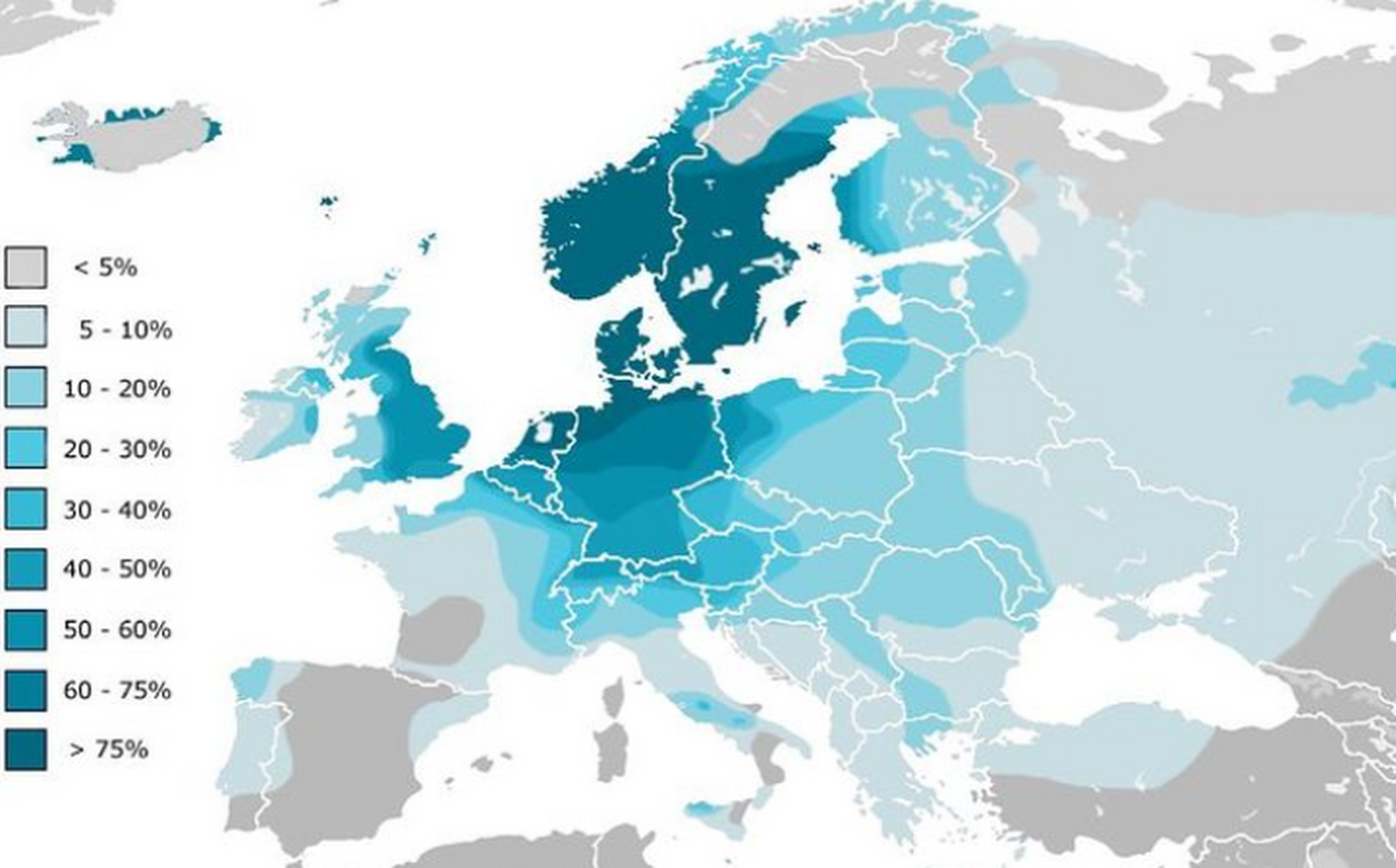 欧洲的日耳曼血统分布地区,颜色越深表示当地人的日耳曼血统越高