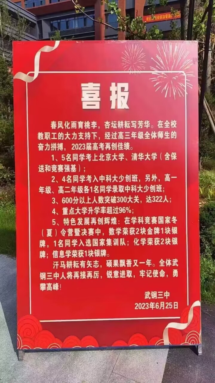 武汉市武钢三中2023高考喜报来了!600分以上突破300大关,达到了322人!