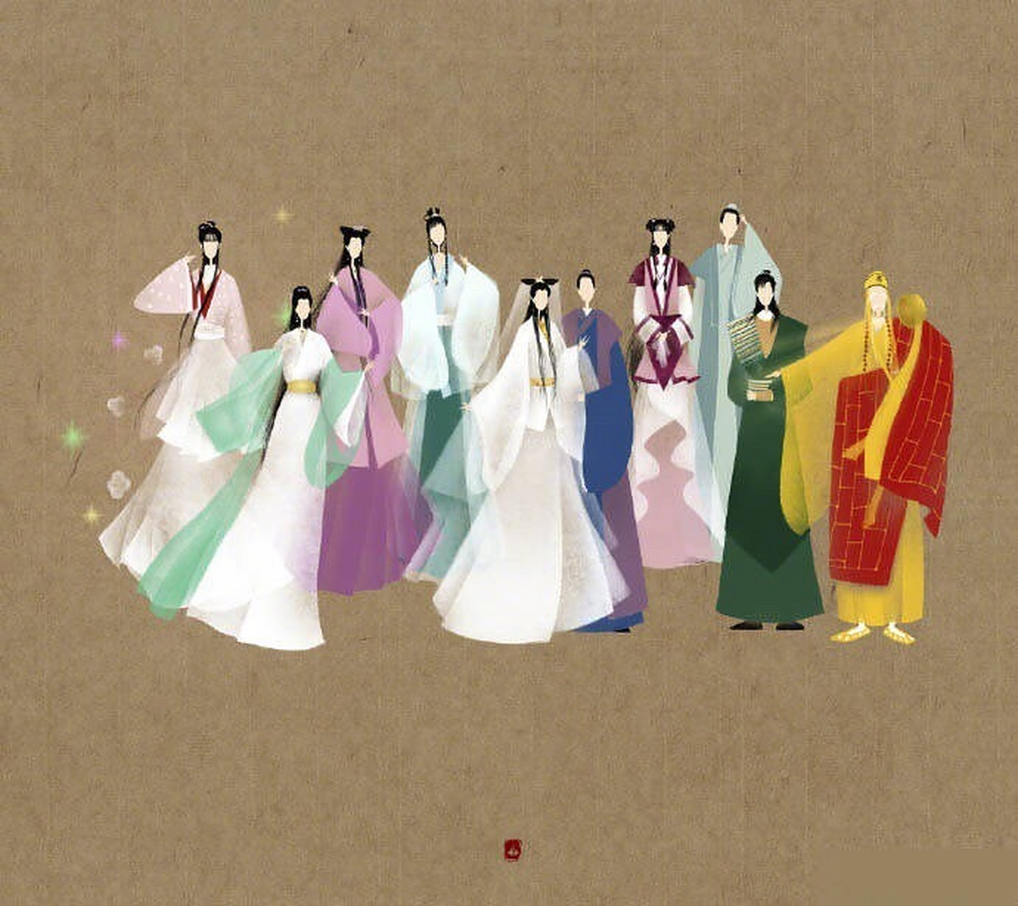 【古风素材鉴赏】一组古风无脸人物插画.