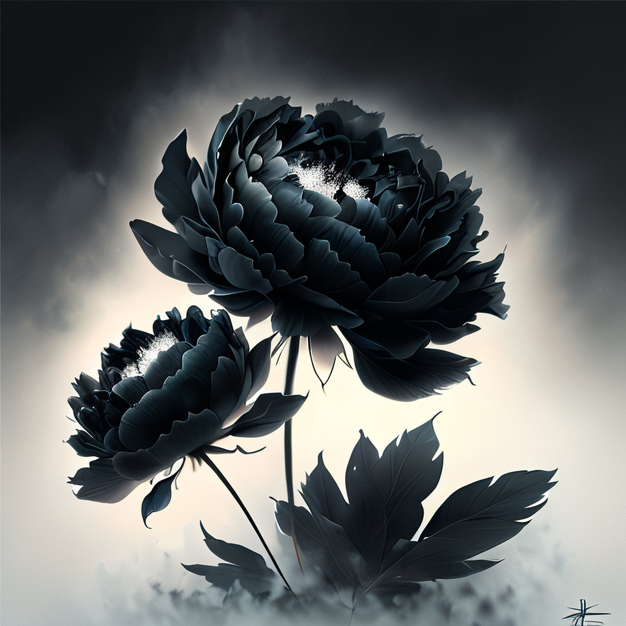 几朵黑色牡丹花,花瓣晶莹剔透,有露珠.