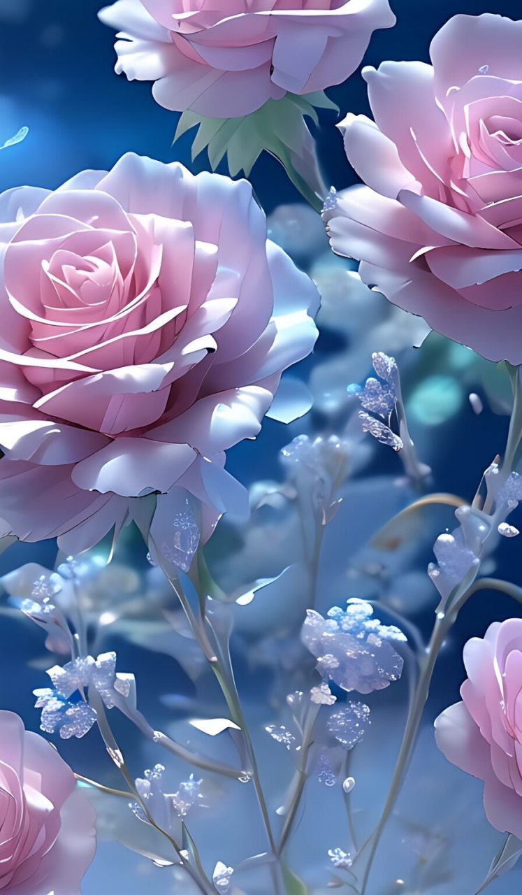 晶莹剔透的蓝色,粉色玫瑰花盛开,仿佛是一幅绝美的画卷,让人不由自主