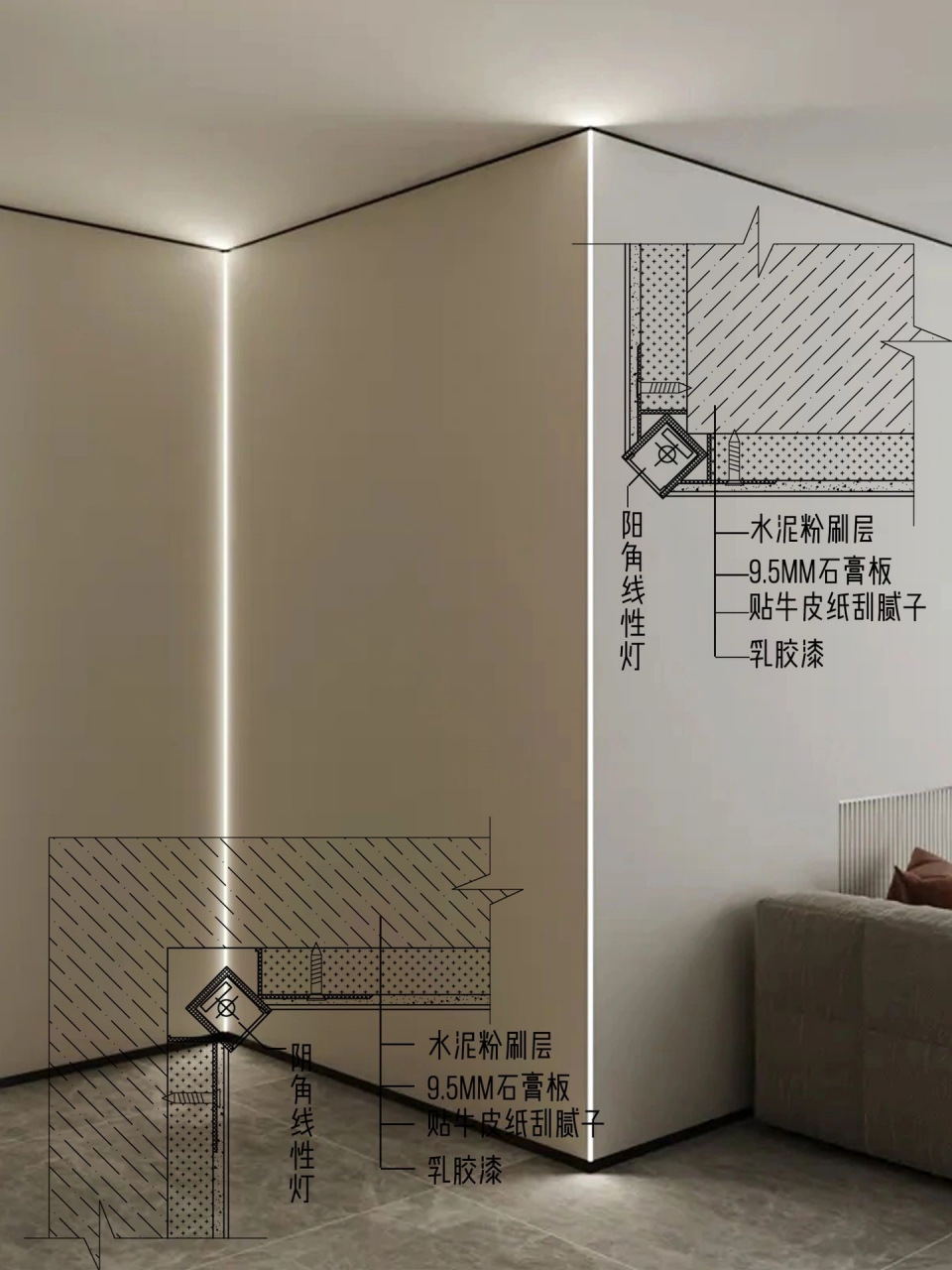 墙面阴阳角线性灯安装工艺节点7915 #品质生活家# #线性灯# #家居