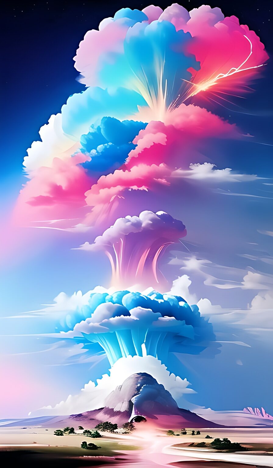 龙卷风肆虐着, 粉蓝色的蘑菇云腾空, 天地相连的瞬间, 一幅无比震撼