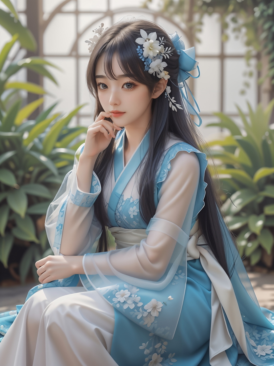 ai美女图片#每日ai美女秀	她的青色汉服采用的是柔软轻盈的面料,腰间