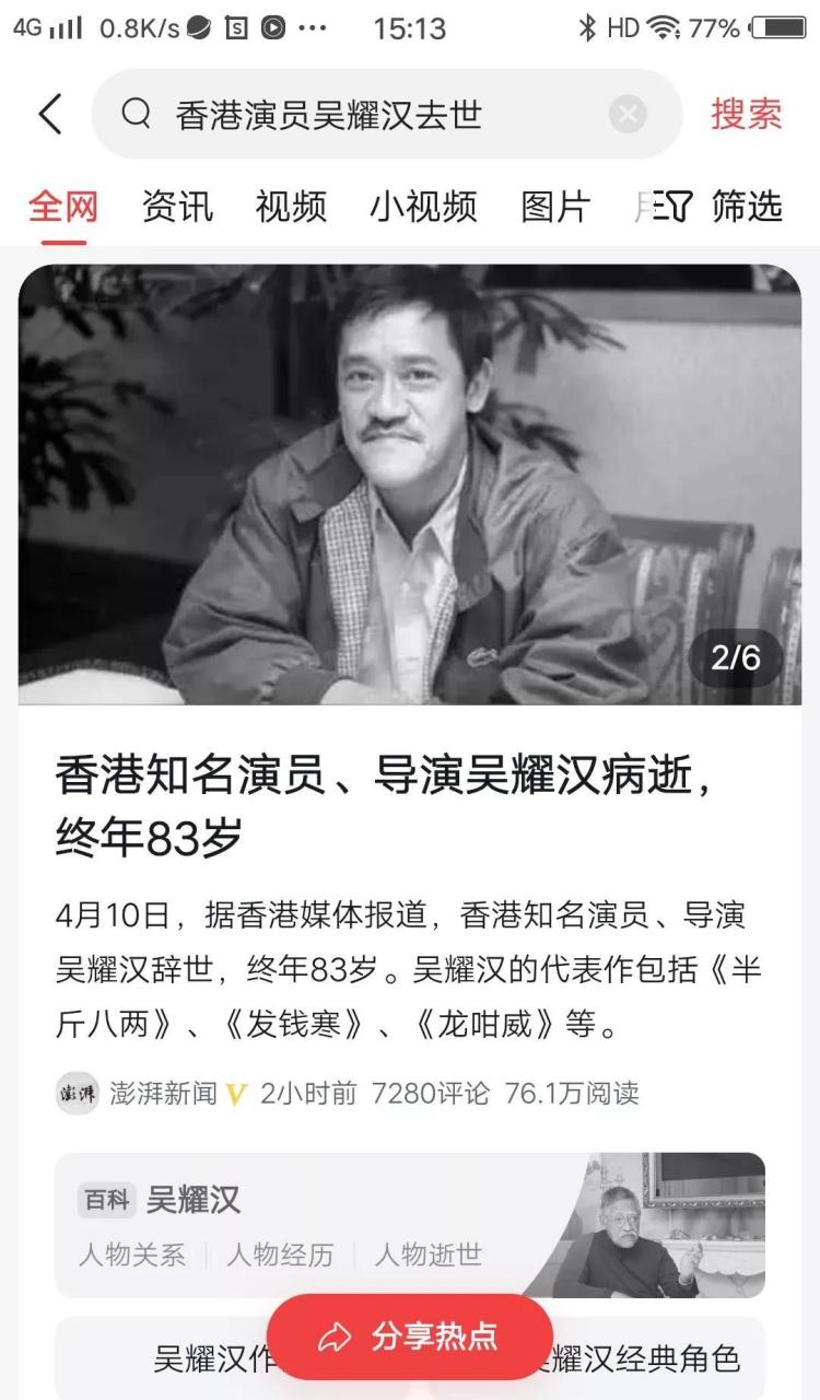 著名香港喜剧演员吴耀汉于4月9日病逝,享年83岁.