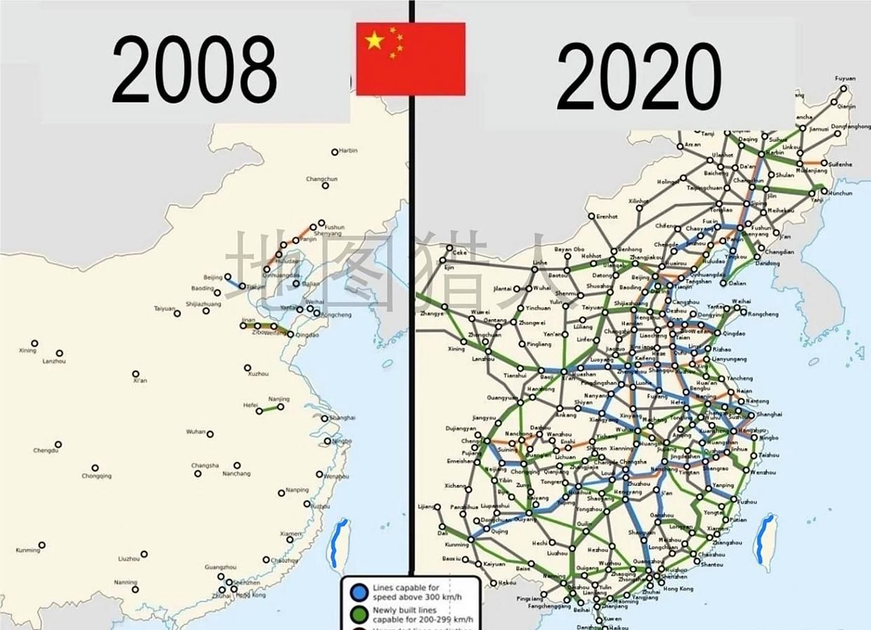 中国高铁网络2008年和2020年的对此图.